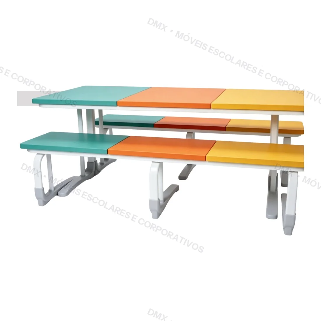 Conjunto refeitório DMX com mesa e bancos coloridos