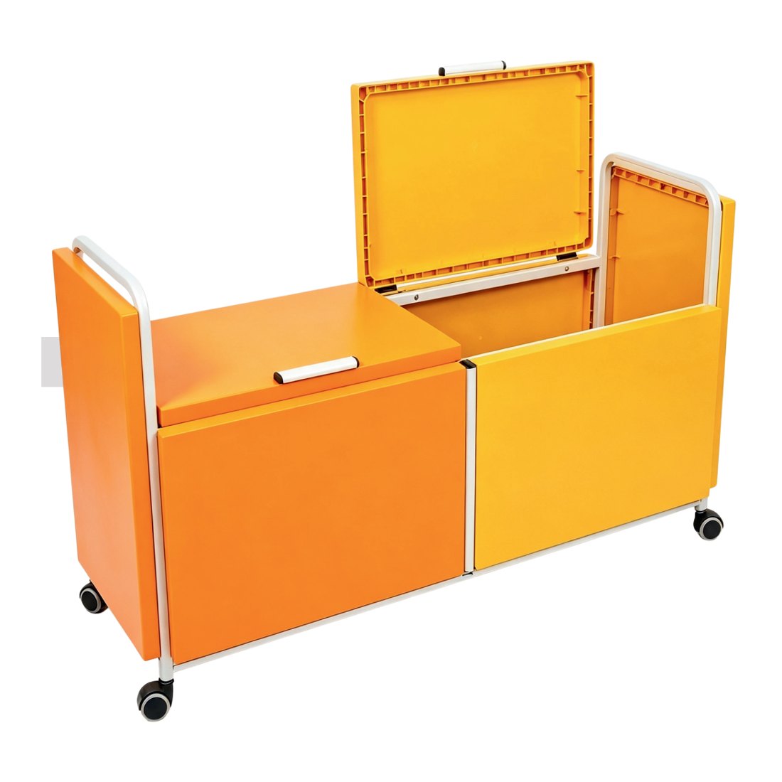 Baú modular DMX laranja com tampa aberta e rodízios