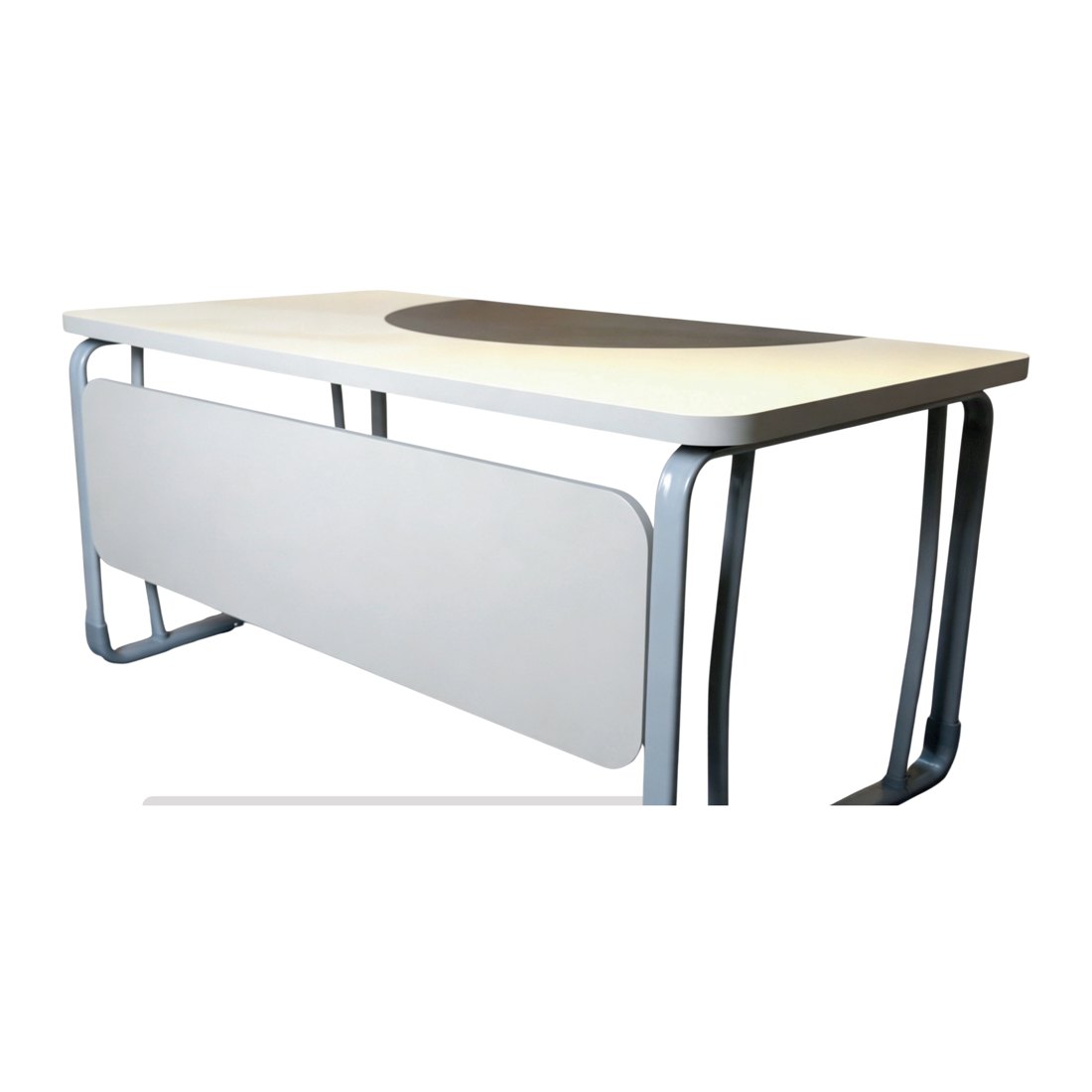 Mesa corporativa DMX com tampo bicolor e painel frontal